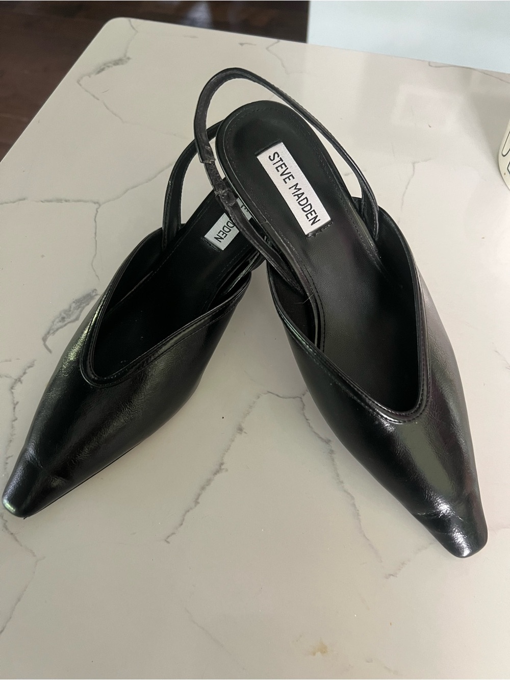 Steve Madden Black Pointed Slingback Flats - Shiny Leather